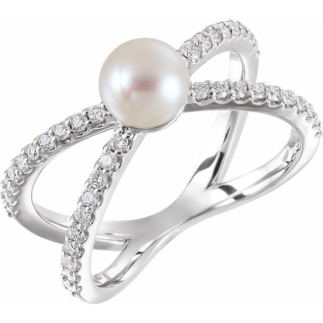 14K White Gold 7.0-7.5 Mm Polished Cultured White Freshwater Pearl And 3/8 Ctw Natural Diamond Negative Space Ring, Size 7