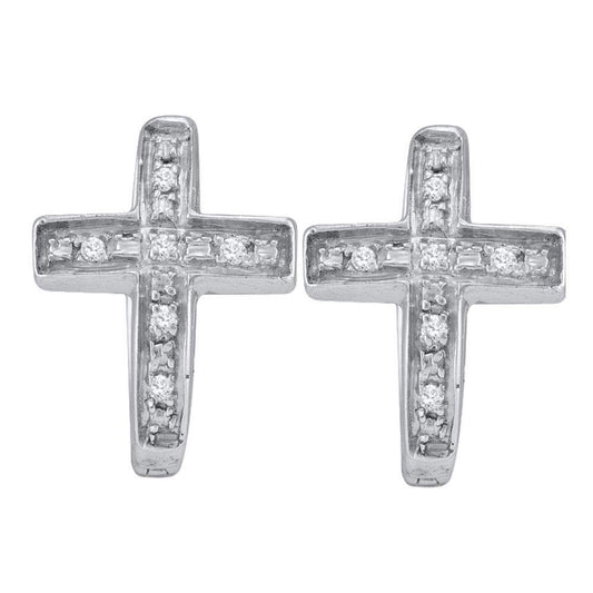 Sterling Silver Womens Round Diamond Cross Hoop Earrings 1/20 Cttw, Length: 0.39 In, Width: 0.35 In