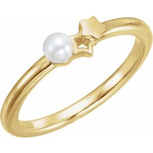 14K Yellow Gold Cultured White Freshwater Pearl Pearl 3 Mm Polished Cultured White Freshwater Pearl Youth Double Star Ring Size 3
