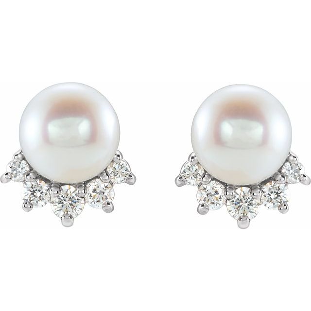 14K White Or Yellow Or Rose Gold 4.5-5.0 Mm Friction Backs Polished Cultured White Freshwater Pearl And .08 Ctw Natural Diamond Earrings