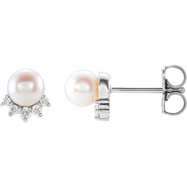 14K White Or Yellow Or Rose Gold 4.5-5.0 Mm Friction Backs Polished Cultured White Freshwater Pearl And .08 Ctw Natural Diamond Earrings