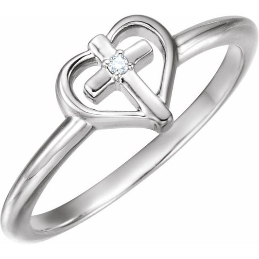 14K White Gold Round 1.3 Mm Polished .01 Ct Natural Diamond Cross With Heart Ring, Size 7