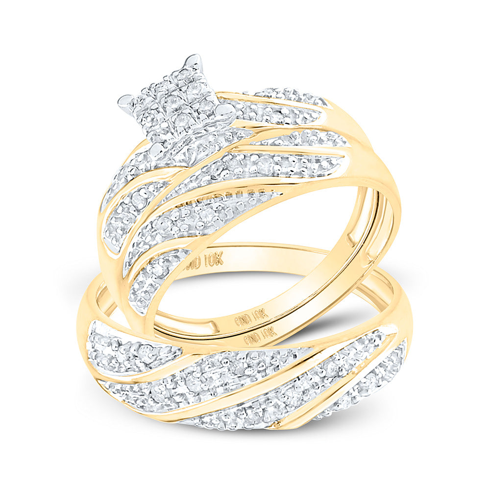 10K Yellow Or White Gold  His Hers Round Diamond Square Matching Wedding Set 1/3 Cttw, Womens Size: 5-10, Mens Size: 7-13