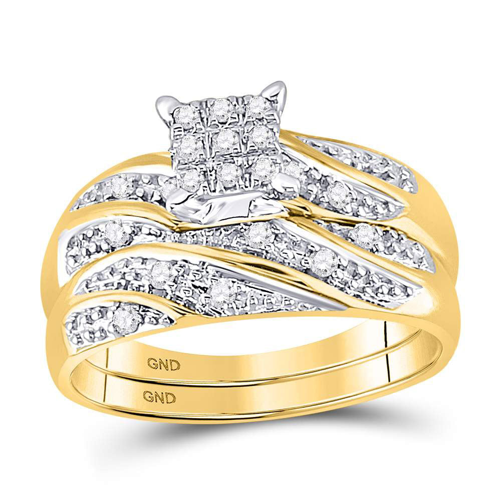 14K Yellow Gold His Hers Round Diamond Square Matching Wedding Set 1/3 Cttw, Womens Size: 5-10, Mens Size: 7-13