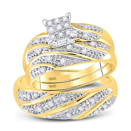 14K Yellow Gold His Hers Round Diamond Square Matching Wedding Set 1/3 Cttw, Womens Size: 5-10, Mens Size: 7-13