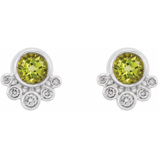 14K White Gold 5 Mm Round Friction Back Polished Natural Peridot And 1/8 Ctw Natural Diamond Earrings