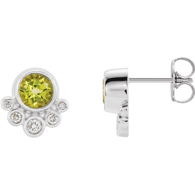 14K White Gold 5 Mm Round Friction Back Polished Natural Peridot And 1/8 Ctw Natural Diamond Earrings