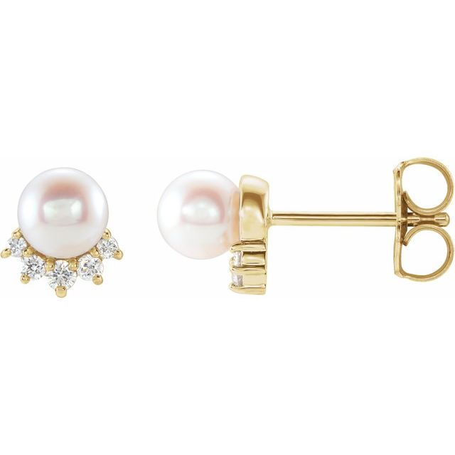 14K White Or Yellow Or Rose Gold 4.5-5.0 Mm Friction Backs Polished Cultured White Freshwater Pearl And .08 Ctw Natural Diamond Earrings