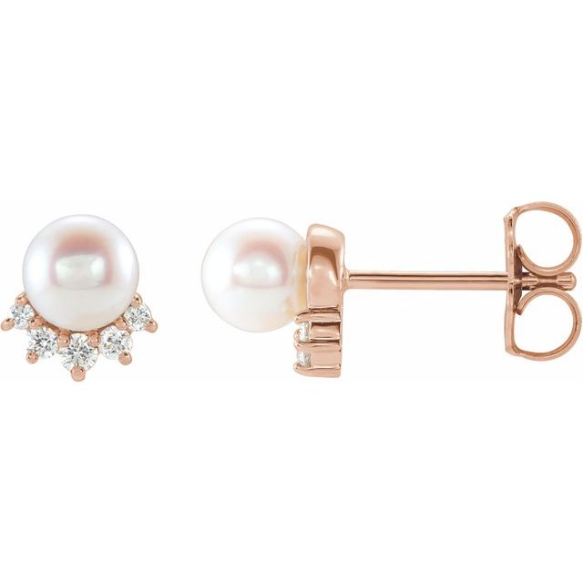 14K White Or Yellow Or Rose Gold 4.5-5.0 Mm Friction Backs Polished Cultured White Freshwater Pearl And .08 Ctw Natural Diamond Earrings