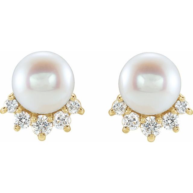 14K White Or Yellow Or Rose Gold 4.5-5.0 Mm Friction Backs Polished Cultured White Freshwater Pearl And .08 Ctw Natural Diamond Earrings