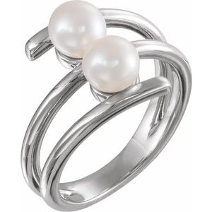 14K White Gold 5.5-6.0 Mm Polished Cultured White Freshwater Pearl 2-Stone Ring Size 7