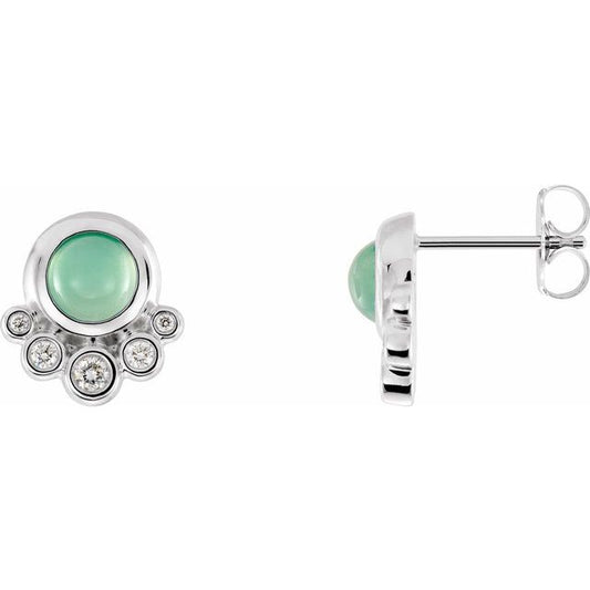 14K White Gold 5 Mm Round Friction Backs Sold Separately Polished Natural Green Chrysoprase And 1/8 Ctw Natural Diamond Earrings