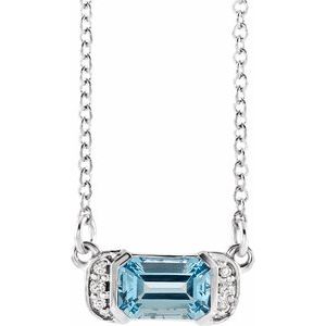 14K White Gold Emerald 6 X 4Mm G-H I1 Natural Aquamarine And .02 Ctw Natural Diamond Bar Necklace, Length: 16 In