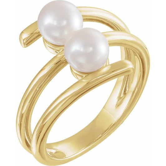 14K Yellow Gold 5.5-6.0 Mm Polished Cultured White Freshwater Pearl 2-Stone Ring, Size 7
