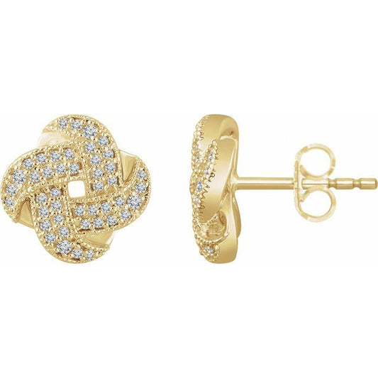 14K Yellow Gold Pair Friction Back Polished 1/3 Ctw Natural Diamond Knot Earrings With Backs