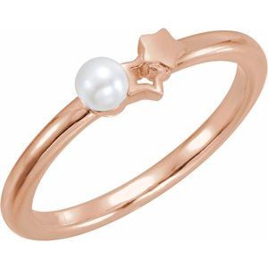 14K Rose Gold Cultured White Freshwater Pearl Pearl 3 Mm Polished Cultured White Freshwater Pearl Youth Double Star Ring Size 3