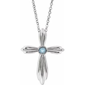 14K White Gold Round 2.5 Mm  Natural Aquamarine Cross Necklace, Length: 18 In
