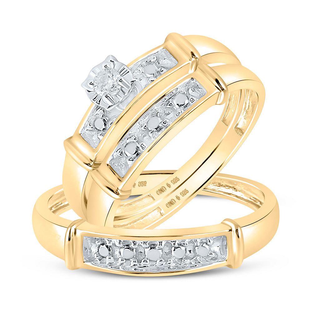 Yellow-tone Sterling Silver Or Sterling Silver His Hers Round Diamond Solitaire Matching Wedding Set 1/20 Cttw, Womens Size: 5-10, Mens Size: 7-13