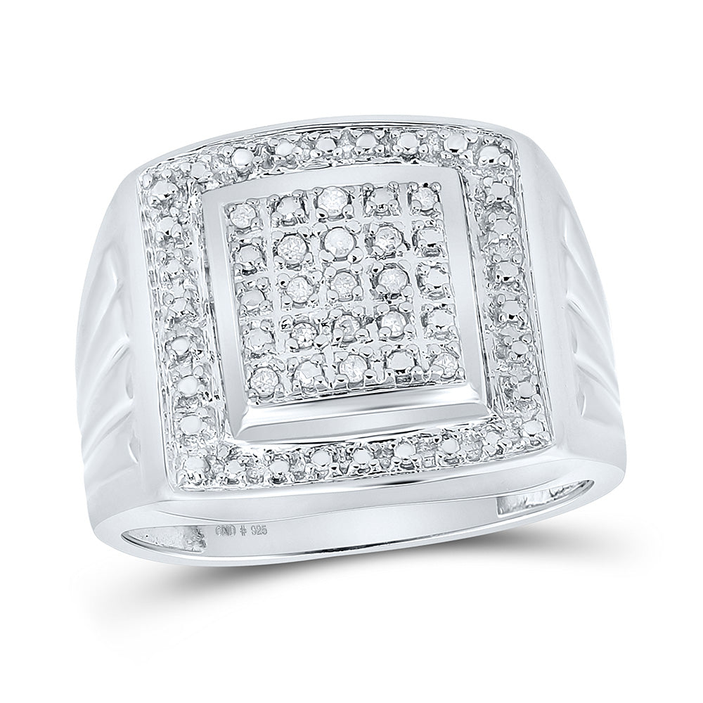 Sterling Silver Mens Round Diamond Square Frame Cluster Ring 1/10 Cttw, Mens Size: 7-13