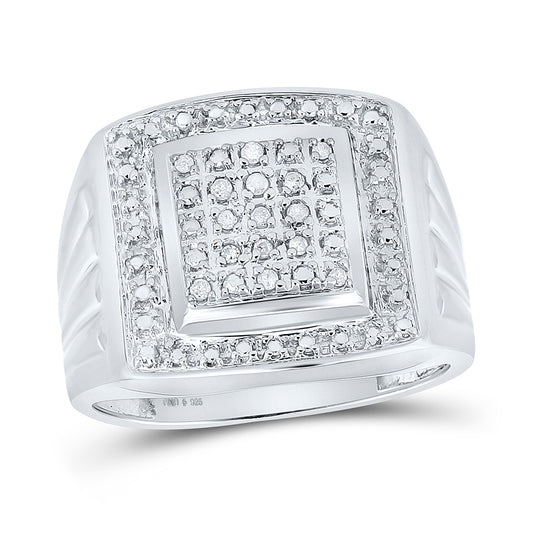 Sterling Silver Mens Round Diamond Square Frame Cluster Ring 1/10 Cttw, Mens Size: 7-13