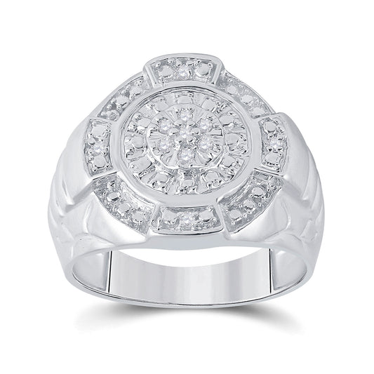 Sterling Silver Mens Round Diamond Circle Cluster Fashion Ring 1/10 Cttw, Mens Size: 7-13