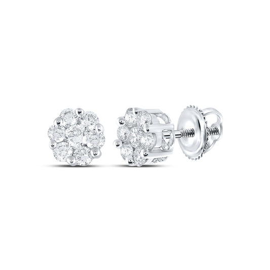10K White Or Yellow Gold Womens Round Diamond Flower Cluster Earrings