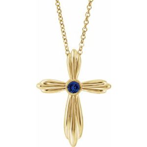 14K Yellow Gold Round 2.5 Mm  Lab-Grown Blue Sapphire Cross Necklace, Length: 18 In