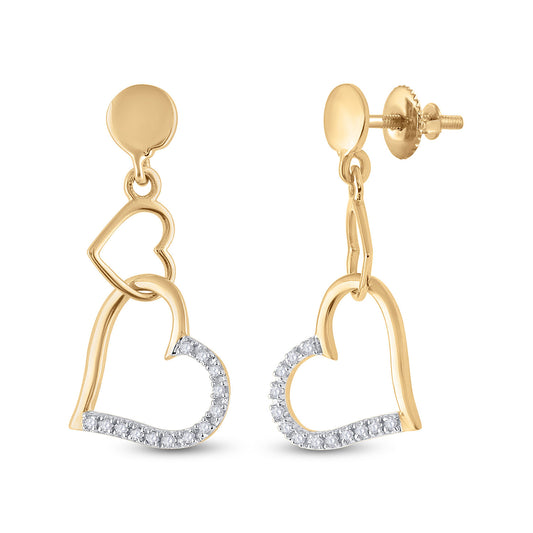 14K Yellow Gold Womens Round Diamond Heart Dangle Earrings 1/10 Cttw