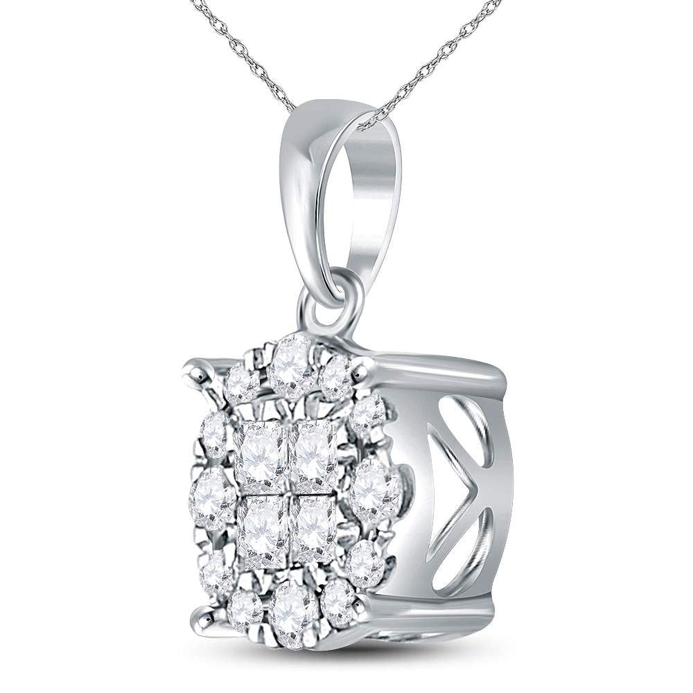 14K White Gold Womens Princess Diamond Cluster Pendant 1/4 Cttw, Length: 0.51 In, Width: 0.28 In