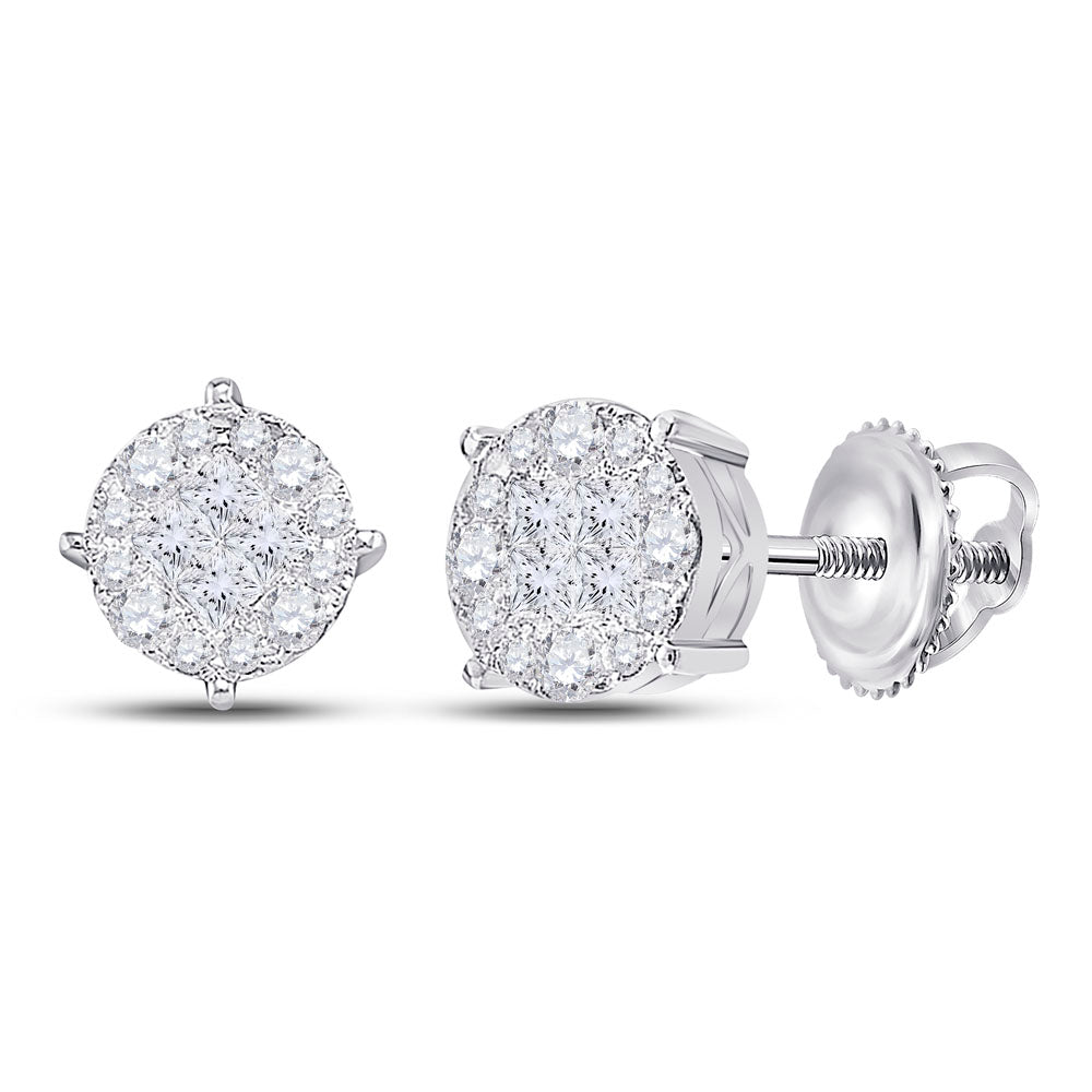 14K White Or Yellow Gold Womens Princess Round Diamond Cluster Earrings