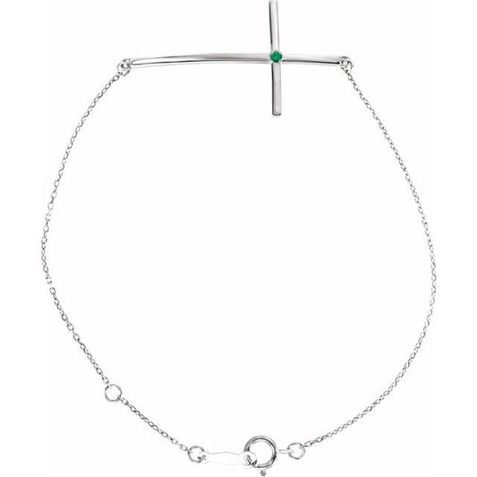 14K White Gold Round 1.75 Mm 36.6 X 19.3 Mm 7-8 In Polished Natural Emerald Sideways Cross Bracelet