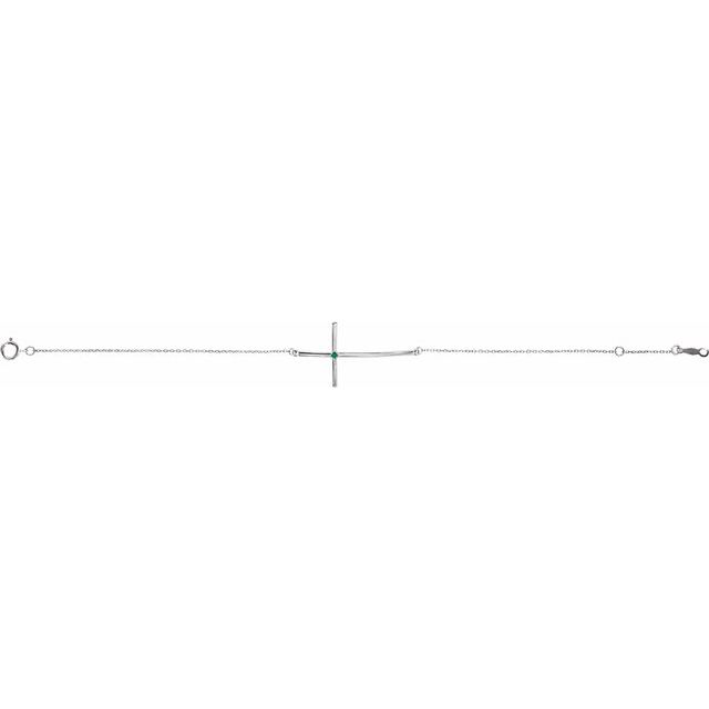 14K White Gold Round 1.75 Mm 36.6 X 19.3 Mm 7-8 In Polished Natural Emerald Sideways Cross Bracelet