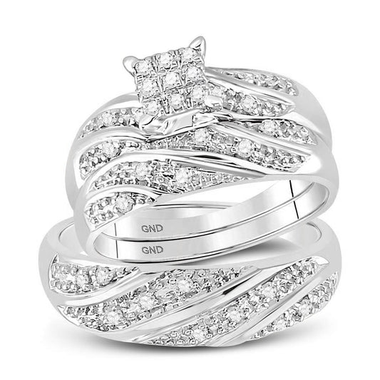 14K White Gold His Hers Round Diamond Square Matching Wedding Set 1/3 Cttw, Womens Size: 5-10, Mens Size: 7-13