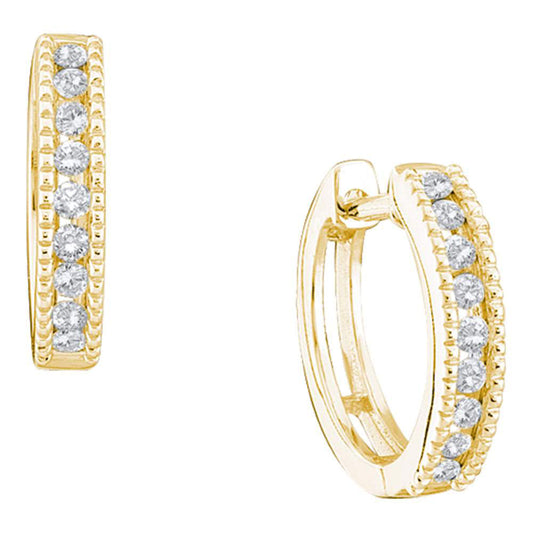 14K Yellow Gold Womens Round Diamond Milgrain Hoop Earrings 1/4 Cttw
