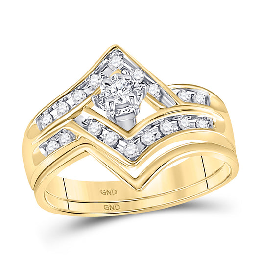 10K Yellow Gold Round Diamond Chevron Bridal Wedding Ring Band Set 1/4 Cttw, Womens Size: 5-10