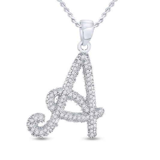10K White Gold Womens Round Diamond Cursive Letter Pendant