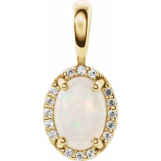 14K Yellow Gold Oval  6 X 4Mm I1, G-H Polished Natural Opal And .04 Ctw Natural Diamond Halo-Style Pendant
