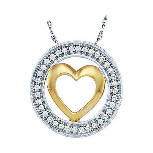 10K Two-tone White Gold Womens Round Diamond Encircled Heart Pendant 1/10 Cttw