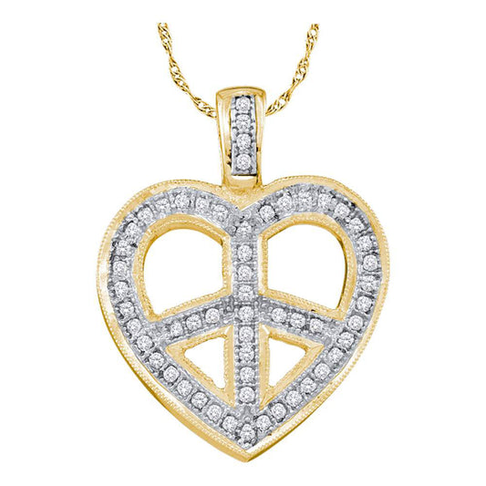 10K Yellow Gold Womens Round Diamond Heart Peace Sign Pendant 1/6 Cttw