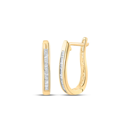 10K Yellow Gold Womens Baguette Diamond Oblong Hoop Earrings 1/4 Cttw
