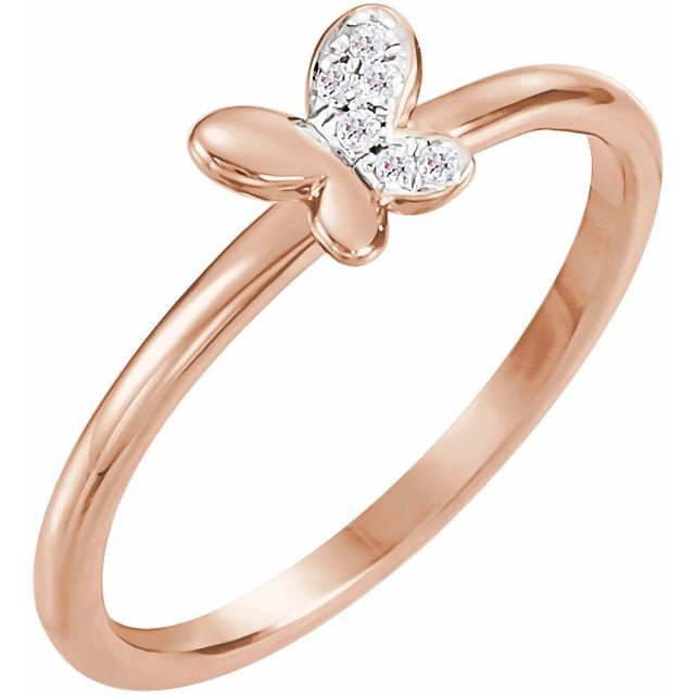 14K White Or Rose Gold Round Polished .02 Ctw Natural Diamond Butterfly Youth Ring, Size 3