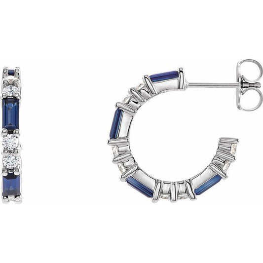 14K White Gold Straight Baguette 4 X 2 Mm Friction Back Polished Natural Blue Sapphire And 1/2 Ctw Natural Diamond Earrings