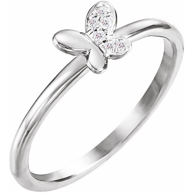 14K White Or Rose Gold Round Polished .02 Ctw Natural Diamond Butterfly Youth Ring, Size 3
