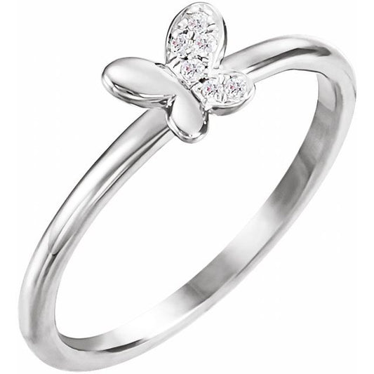 14K White Or Rose Gold Round Polished .02 Ctw Natural Diamond Butterfly Youth Ring, Size 3