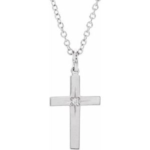 14K White Gold Round 1.2Mm G-H I1 .0075 Ct Natural Diamond Youth Cross Necklace, Length: 15 In