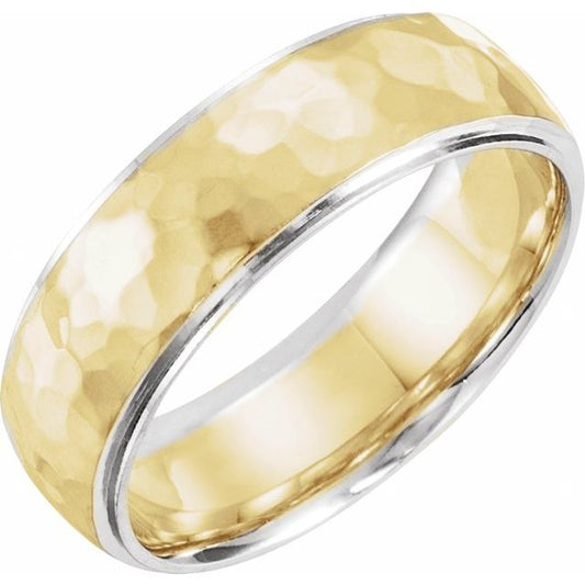 14K White/Yellow/White Gold Polished Comfort-Fit Half Round Band With Hammer Finish, Size 9.5