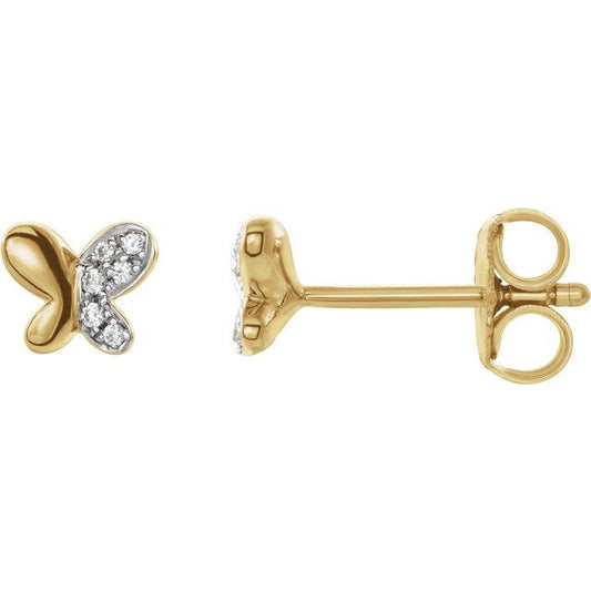 14K Yellow Gold Round Friction Back Polished .04 Ctw Natural Diamond Butterfly Youth Earrings With Backs