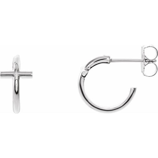 14K White Or Yellow Gold Pair Friction Back Polished Cross Hoop Earrings