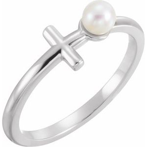 14K White Gold Mm4.0-4.5 Mm Polished Cultured White Freshwater Pearl Cross Ring Size 7
