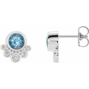 14K White Gold Round 5 Mm Natural Aquamarine And 1/8 Ctw Natural Diamond Earrings